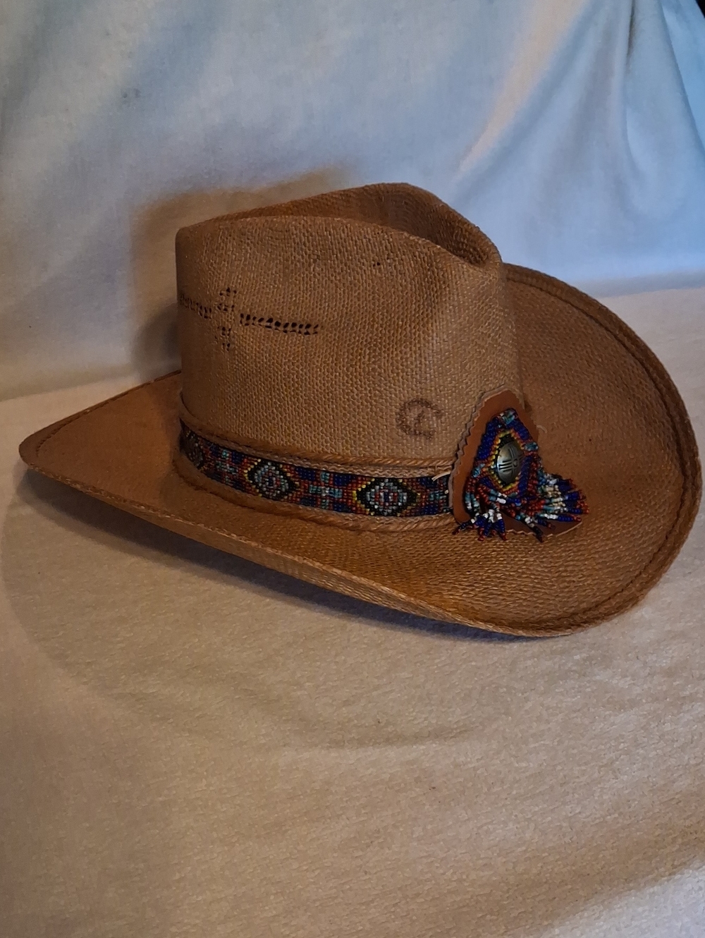 Charlie Horse Tan Straw Cowboy Hat with Beaded Band Size 7 1/8